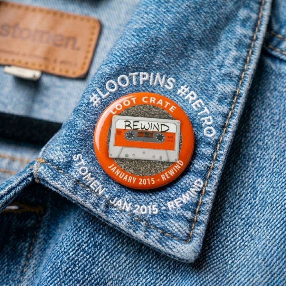 Loot Crate January 2015 Rewind Cassette Tape Collectible Button Pin Orange Retro